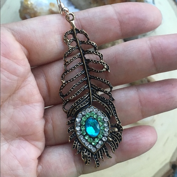 Antique Style Peacock Feather Earrings - Picture 3 of 8